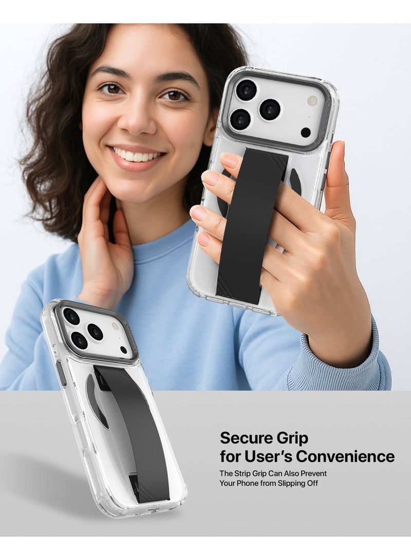 لانهاية غطاء iPhone 17 Pro Max شفاف مع قبضة سوداء ناعمة وحامل كاميرا معدني – جريبستا، مصنوع من TPU+PC فاخر، زوايا مقاومة للصدمات، أزرار معدنية، متوافق مع MagSafe، حواف مرتفعة للكاميرا والشاشة، طلاء مقاوم للاصفرار، متين ووضوح طويل الأمد - Image 4